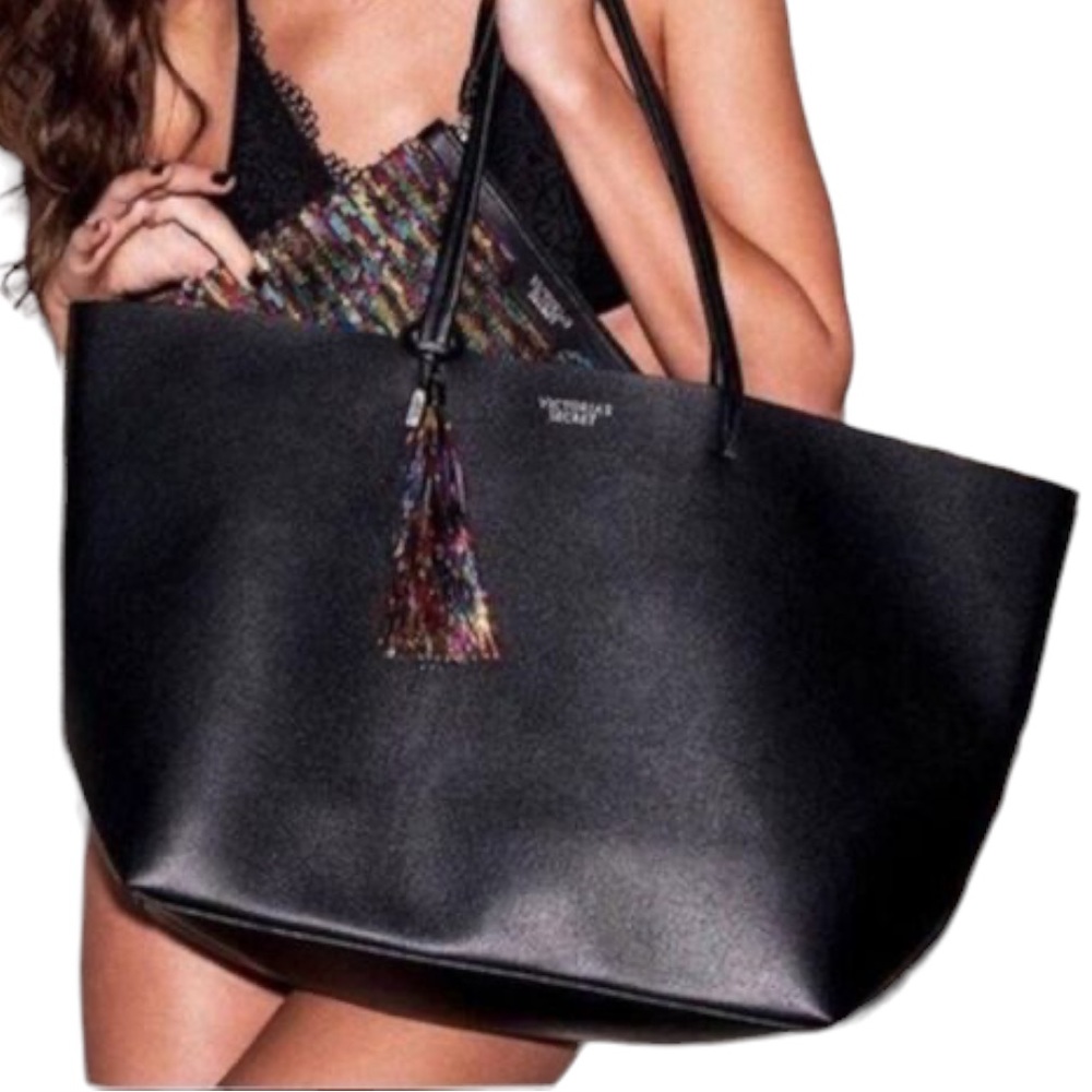 Victorias Secret: Black Tote Bag Rainbow Tassel- Extra Large